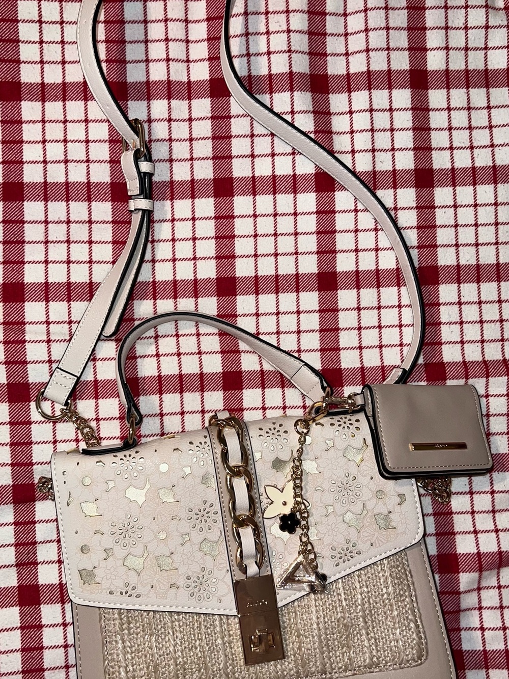 Aldo Cream Floral Laser-Cut Satchel with Gold Chain Accents